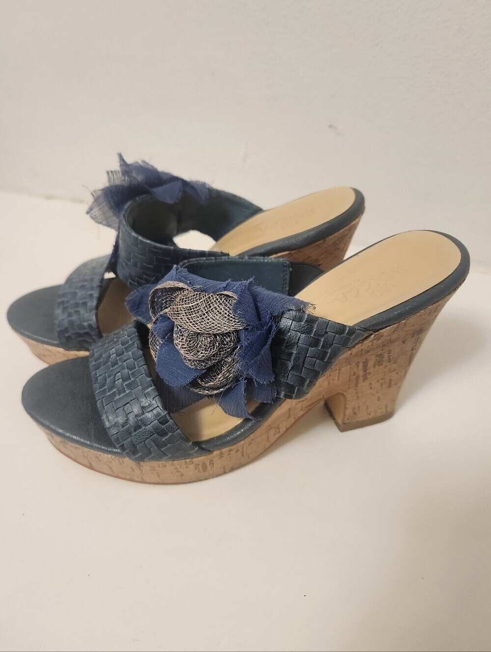 Sbicca Blue Silver Hotmark Flower Platform Wedge Heels Sz 7.5 EUC